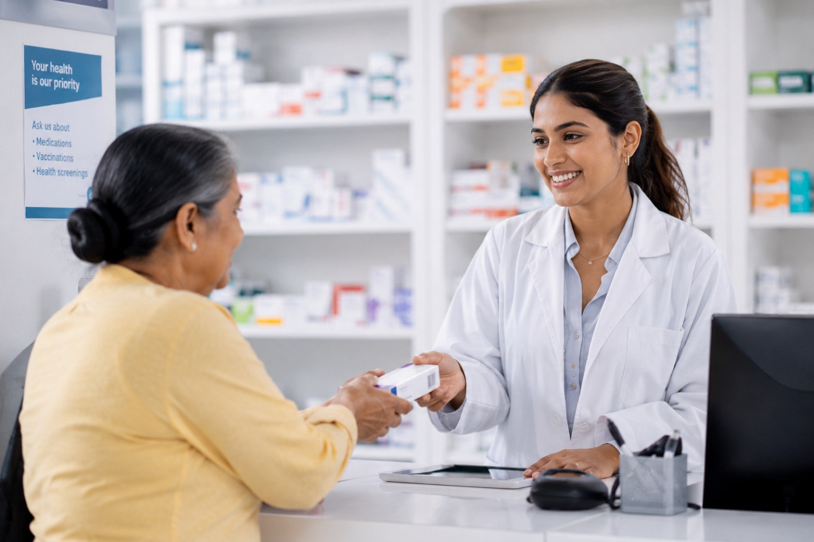 A pharmacist handing a medicine pack to a patient across a community pharmacy counter